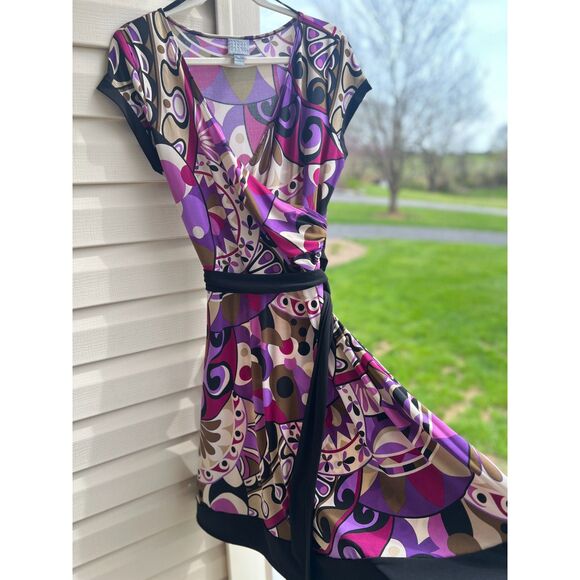 Womens Faux Wrap Dress Rabbit Rabbit Rabbit Design Purple Black Size 16 - Picture 2 of 4